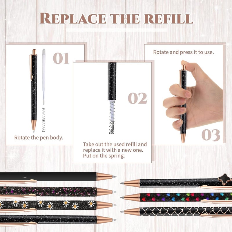 Sherr 7 Pcs Fancy Pens for Women Cute Sparkly Glitter Pens with 10 Pcs Black Ink Refills Pretty Gifts for Girls Office School Christmas Graduation(Simple) - Image 3